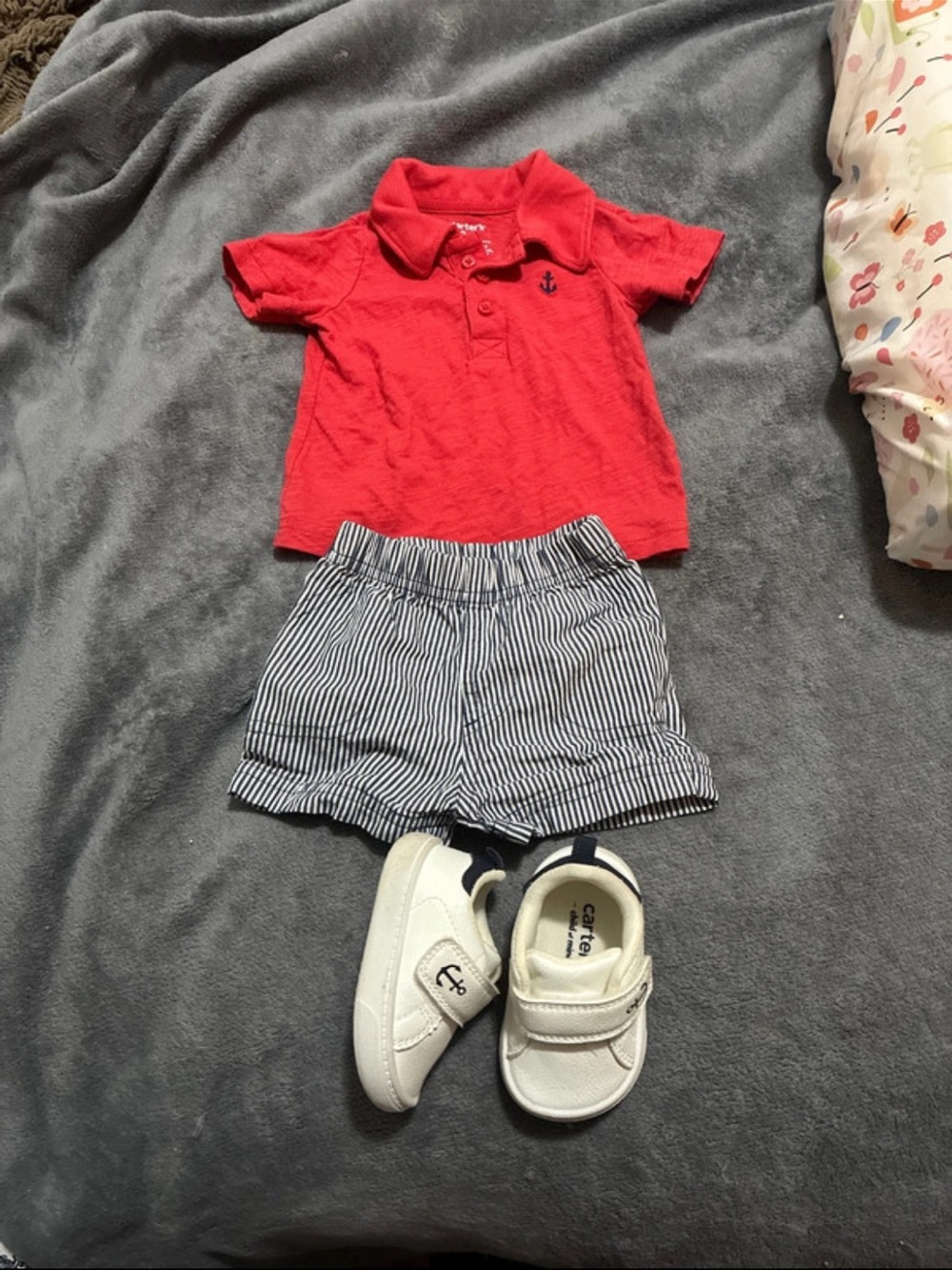 Red Polo, striped shorts and shoes matching set